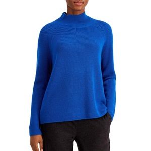 Eileen Fisher Merino Wool Cobalt Blue Ribbed Raglan Mock Neck Sweater M